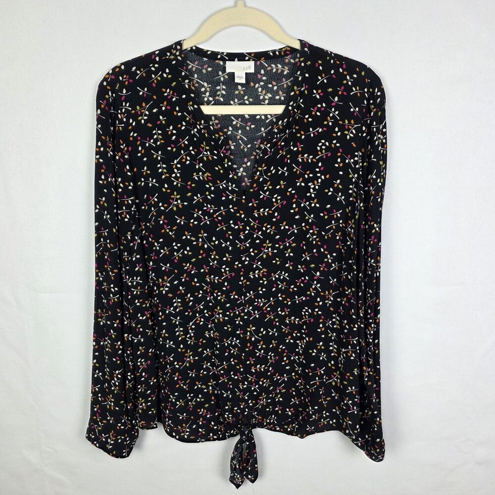 J. Jill Black Botanical Sprig Print V-Neck Tie Front Rayon Blouse Small
